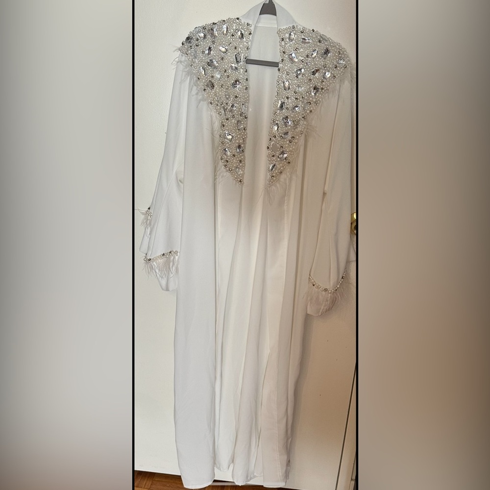 Elegant White Feathered Women's Robe with belt .